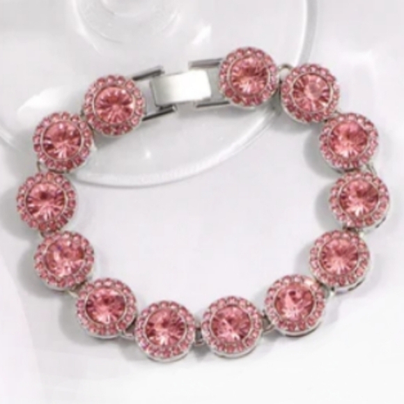 Pink Pave Crystal Silver Iced Links Bracelet Rhinestone Round CZ Circle Links - Picture 1 of 8